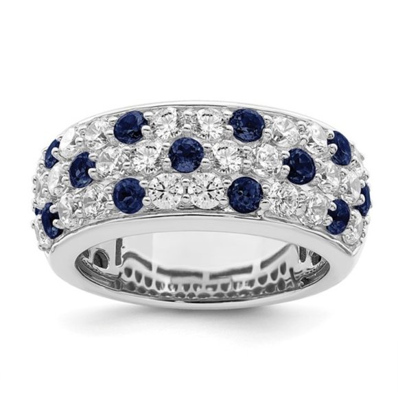 14k White Gold Lab Grown Diamond & blue Sapphire birthstone Dome Ring September - Picture 2 of 7